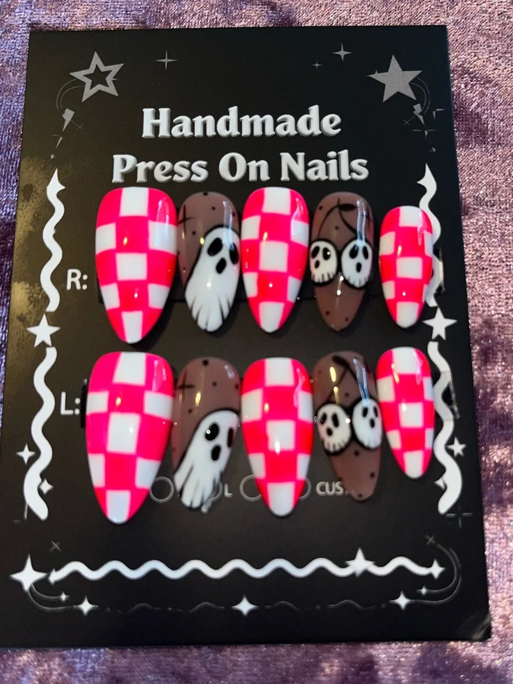 Handmade Press On Nails - Hot Pink Checker & Brown Ghost Design